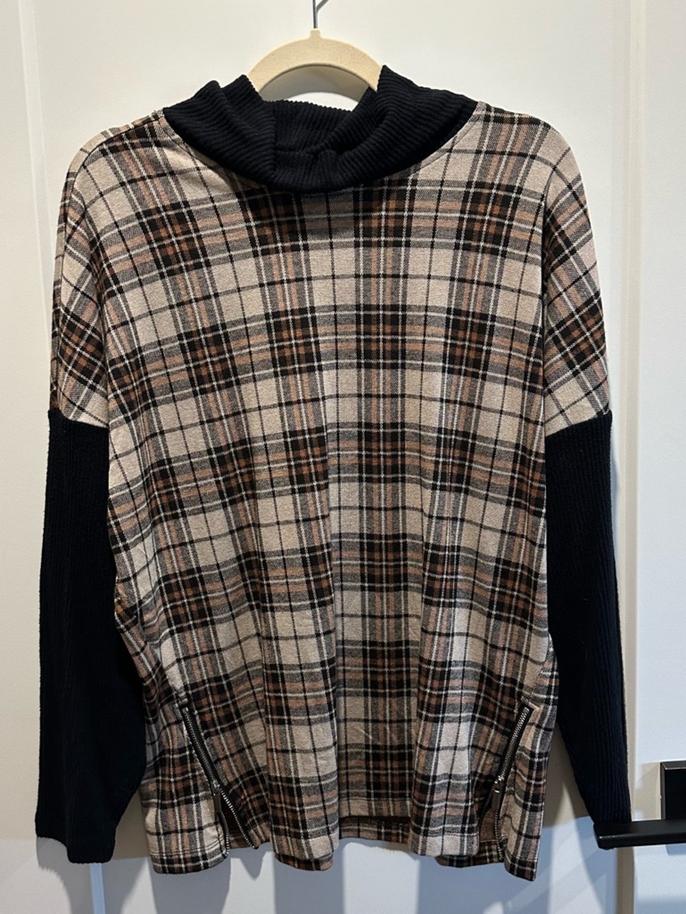 cleo Beige and Black Plaid Turtleneck Sweater